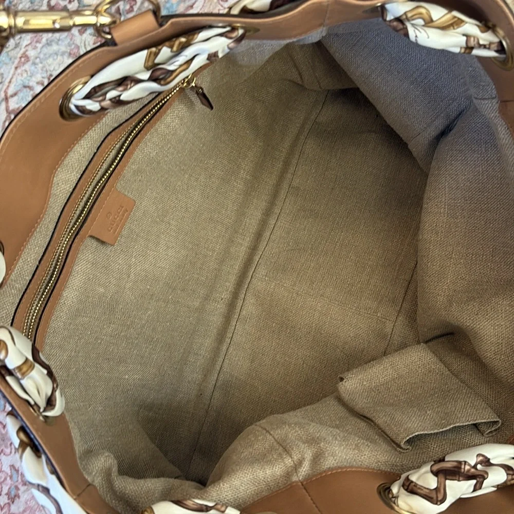 GUCCI POSITANO Leather Suede Tan Brown White Silver Gold Beaded Bag Rare Luxury - Picture 11 of 14